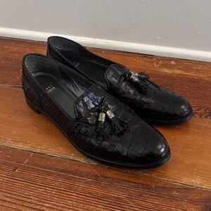 STUART WEITZMAN Black Croc Embossed Leather w Tassels Loafers Shoe 8 Women Spain